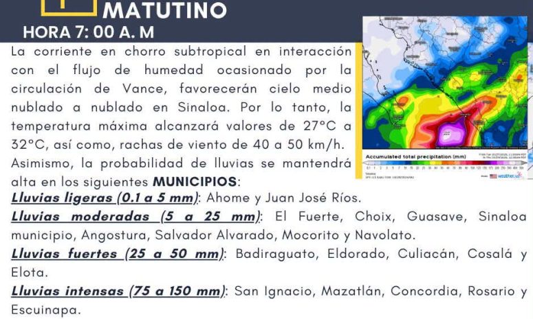 Vance podría dejar lluvias de hasta 150 milímetros en Sinaloa: CAADES
